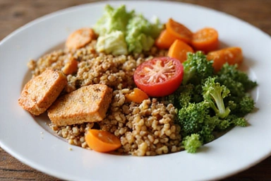 Teller mit bunten, gesunden Mahlzeiten, die die Vielfalt der vegetarischen Ernährung zeigen