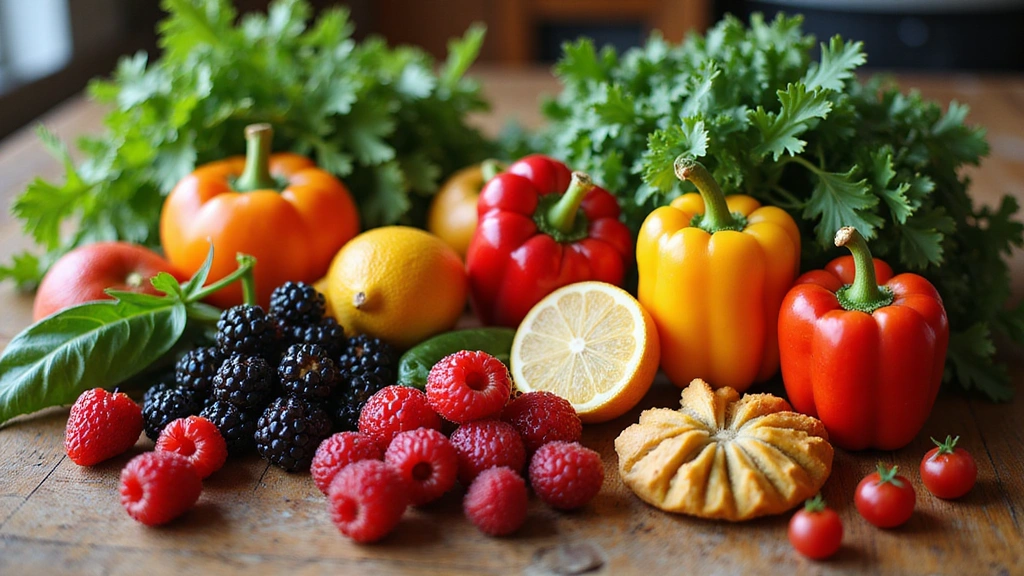 Frisches Obst und Gemüse auf einem Küchentisch, symbolisiert gesunde Ernährung und Wohlbefinden.