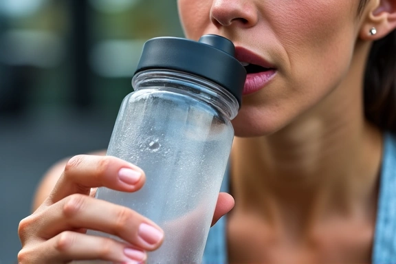 Person trinkt Wasser aus einer Flasche während des Trainings, symbolisiert Hydration.